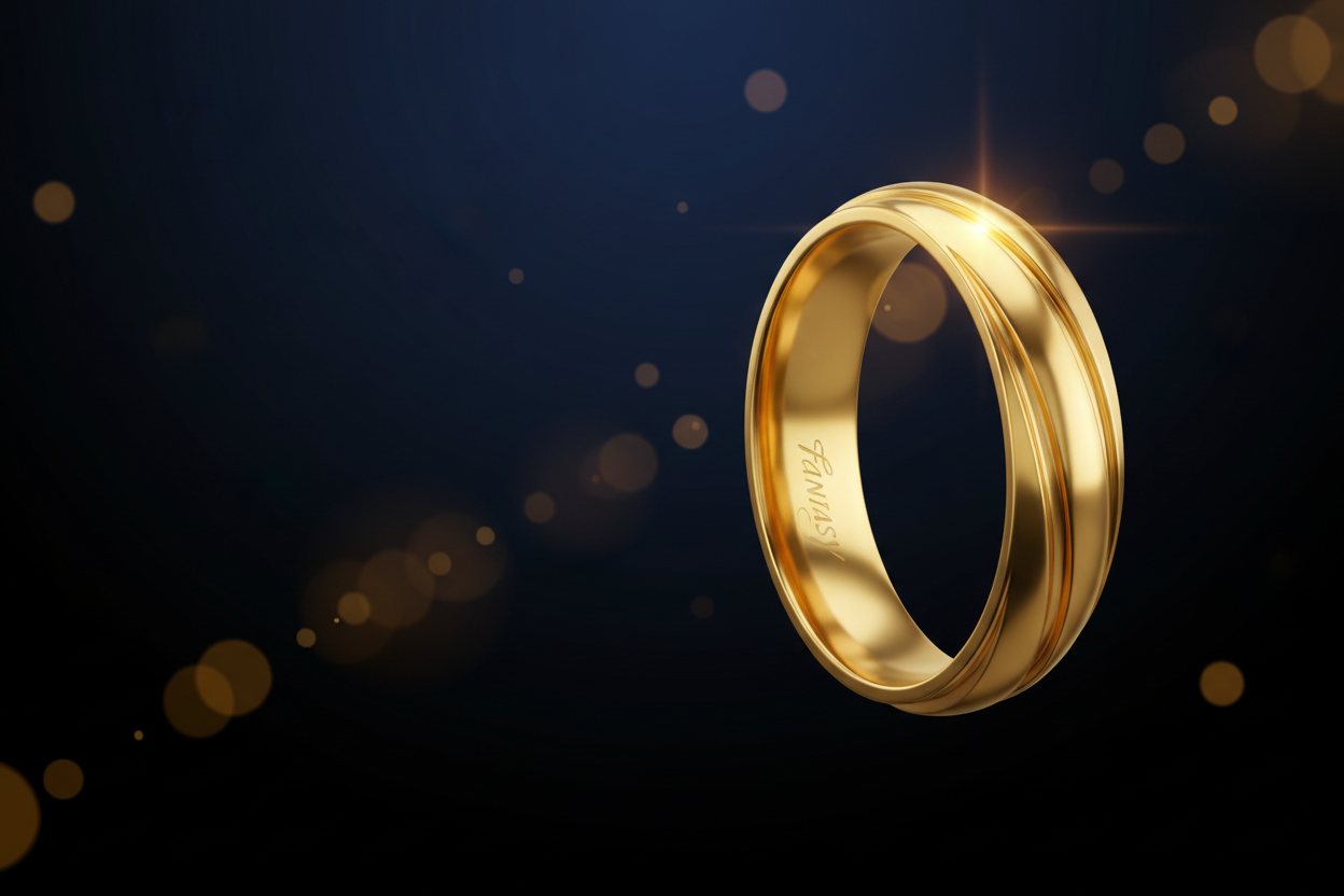Luxury cinematic hero banner with a highly detailed solid gold ring on the right side, slightly lower, not centered. Deep navy to black background with warm golden bokeh lights, elegant and balanced. Rich deep gold color, enhanced brilliance, crisp reflections highlighting craftsmanship. Subtle inner engraving “FANTASY” as a refined hallmark. Clean negative space on the left for text. No gemstones, no text.